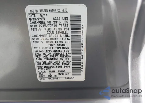 2014 Nissan Rogue Select S z USA, uszkodzony, nr VIN JN8AS5MT5EW615006